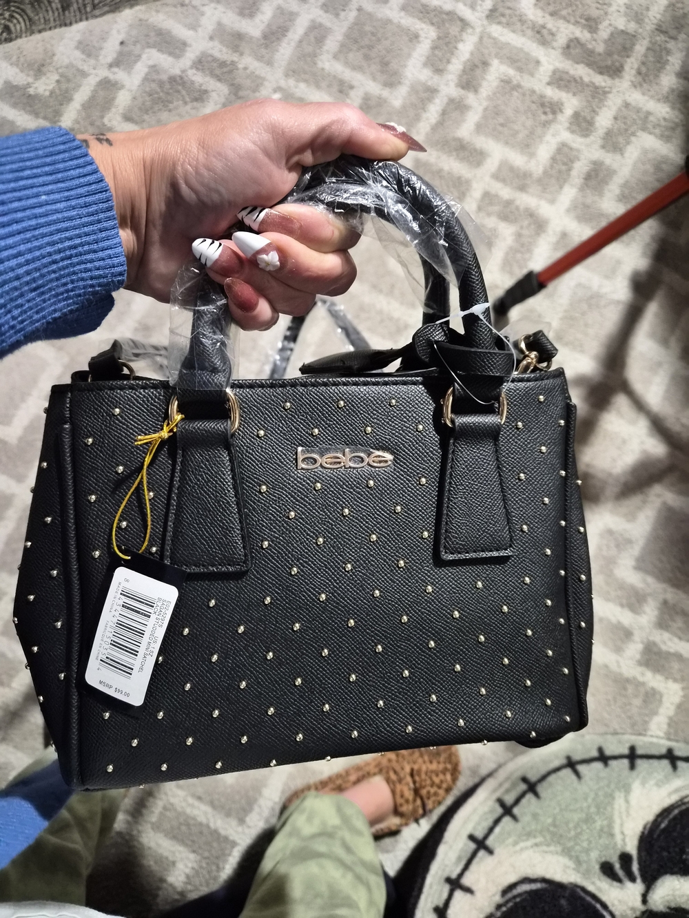 bebe Black Mini Studded Satchel with Gold Accents